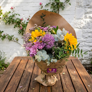 Ramo silvestre con girasoles amarillos y flores moradas envuelto en papel kraft sobre mesa de madera.