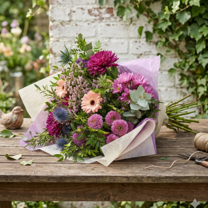 Ramo de flores púrpuras y rosadas con dalias y cardos azules sobre una mesa de madera rústica.