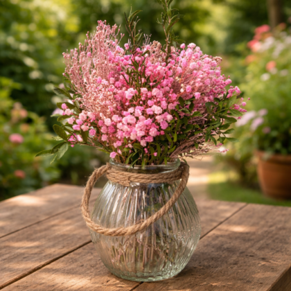 Ramo de paniculata rosa y flores secas en jarrón de cristal con cuerda de yute sobre mesa de madera.