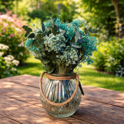 Búcaro artesanal de cristal con paniculata azul y eucalipto verde sobre mesa de madera en jardín soleado.