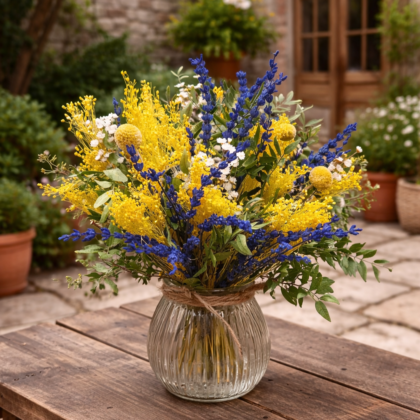 Búcaro de cristal con flores silvestres amarillas y azules en un patio rústico.
