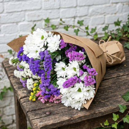 Ramo de margaritas blancas y flores moradas en papel kraft sobre mesa de madera antigua.