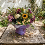 Ramo de flores silvestres con girasol central, rosas pitiminí sobre una mesa de madera rústica.