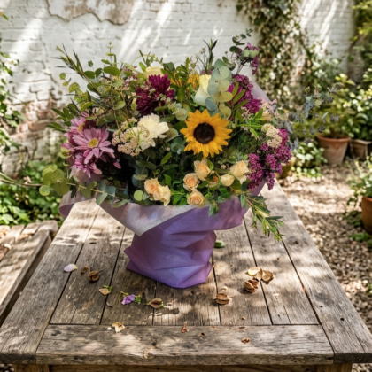 Ramo de flores silvestres con girasol central, rosas pitiminí sobre una mesa de madera rústica.