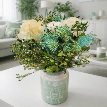 amo de flores con hortensias crema y flores turquesas en jarrón verde agua botánico.